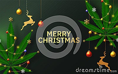 Merry Christmas cannabis marijuana plant greeting cardÂ elements paper cut with craft style on background. Vector Illustration